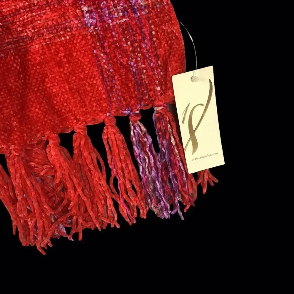 Collection 18 Pink Red Chenille Stripe Muffler Scarf Fringe NWT